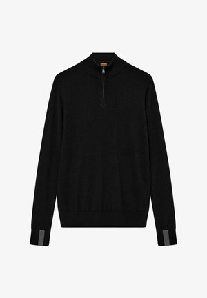 Pulover negru cu guler înalt și închidere cu jumătate de fermoar. Are mâneci lungi și accente gri la manșete. Fabricat dintr-un material moale.