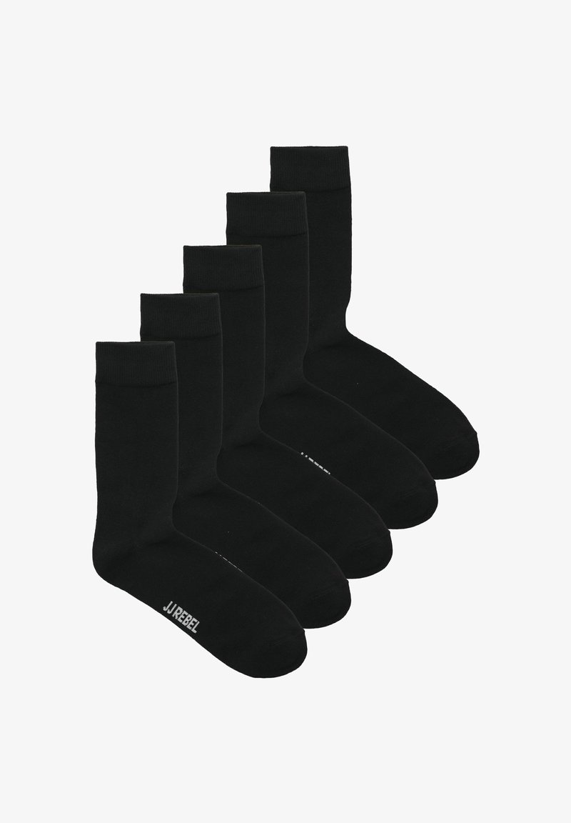 Fünf Paar schlichte schwarze Crew-Socken in einer gestaffelten Reihe angeordnet, mit dem Schriftzug "JJ REBEL" im Zehenbereich sichtbar.