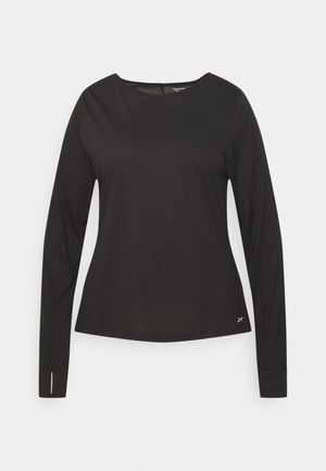 Schwarzes, langärmliges, athletisch geschnittenes Shirt mit Rundhalsausschnitt und Daumenlöchern an den Ärmeln, mit kleinem Reebok-Logo nahe dem Saum.
