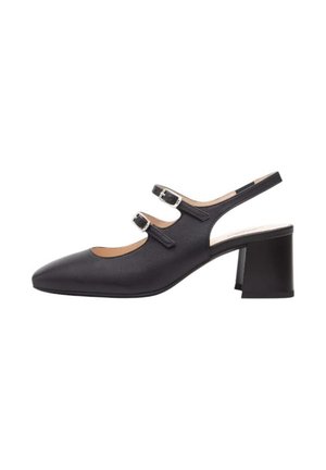 Scarpa slingback in pelle nera con punta affusolata, due cinturini regolabili con fibbia e tacco a blocco.