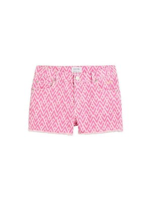 Pantalones cortos de denim rosa con patrón geométrico de zigzag blanco, botones delanteros, trabillas para cinturón y diseño de cinco bolsillos.