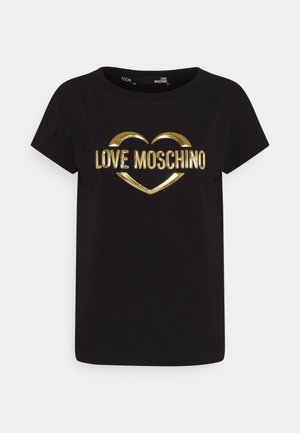 Černé tričko s krátkým rukávem s lesklým zlatým srdcem a textem "LOVE MOSCHINO" ve zlaté barvě na přední straně.