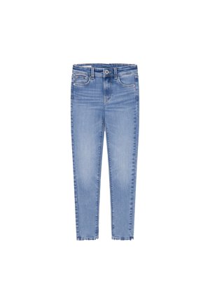 Pantalones vaqueros de mezclilla azul claro con ajuste entallado, diseño de 5 bolsillos y un dobladillo sin terminar en el tobillo. El material presenta una textura suave.