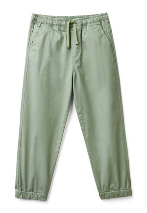 Helle grüne Hose mit elastischem Bund und Kordelzug, zwei seitlichen Taschen und gerafften Bündchen. Weicher, glatter Stoff mit lockerer Passform.