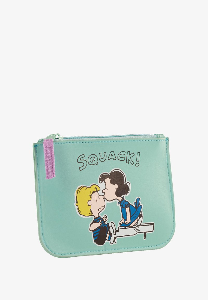Custodia verde menta con zip realizzata in materiale sintetico. Presenta personaggi dei cartoni animati che si baciano con la scritta "SQUACK!" sopra. Dettaglio della cerniera di colore viola.