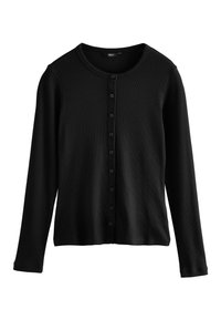 Schwarze gestrickte Strickjacke mit langen Ärmeln, rundem Ausschnitt und Frontknopfverschluss, der mit mehreren kleinen schwarzen Knöpfen entlang der Knopfleiste versehen ist.