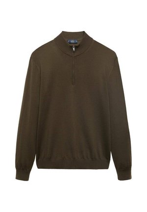 Bruine, gebreide pullover met hoge kraag, kwart-rits sluiting en geribde manchetten en zoom. Eenvoudig ontwerp zonder patronen of accenten.