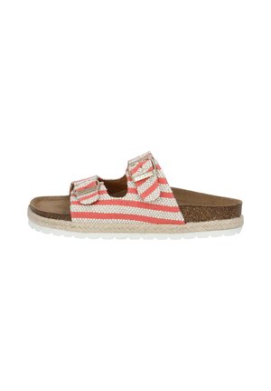 Striped sandal with two adjustable straps, made of woven fabric in white and coral, and a tan, textured cork footbed. Rubber sole.