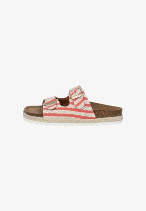 Striped sandal with two adjustable straps, made of woven fabric in white and coral, and a tan, textured cork footbed. Rubber sole.