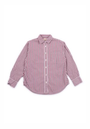 Camicia a maniche lunghe con bottoni, a strisce verticali rosse e bianche, colletto a punta, tasca sul petto e polsini abbottonati, disposta piatta.