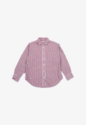 Camicia a maniche lunghe con bottoni, a strisce verticali rosse e bianche, colletto a punta, tasca sul petto e polsini abbottonati, disposta piatta.