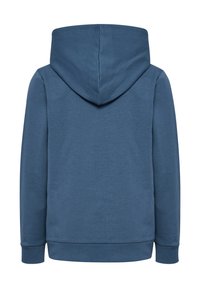 Blauer Kapuzenpullover aus weichem Baumwollmaterial, mit gerippten Bündchen und Saum, lässiger Passform, mit großer Kapuze auf der Rückseite für zusätzlichen Schutz.