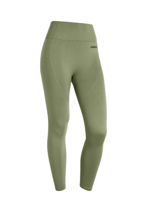 Vihreät korkeat leggingsit, jotka on valmistettu joustavasta materiaalista. Ne tarjoavat sileän pinnan, istuvan muodon ja hienovaraisia poimuttuneita yksityiskohtia. Brändilogo näkyvissä.