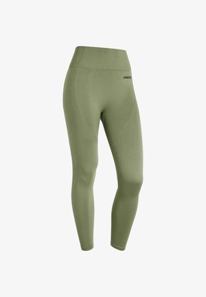 Vihreät korkeat leggingsit, jotka on valmistettu joustavasta materiaalista. Ne tarjoavat sileän pinnan, istuvan muodon ja hienovaraisia poimuttuneita yksityiskohtia. Brändilogo näkyvissä.