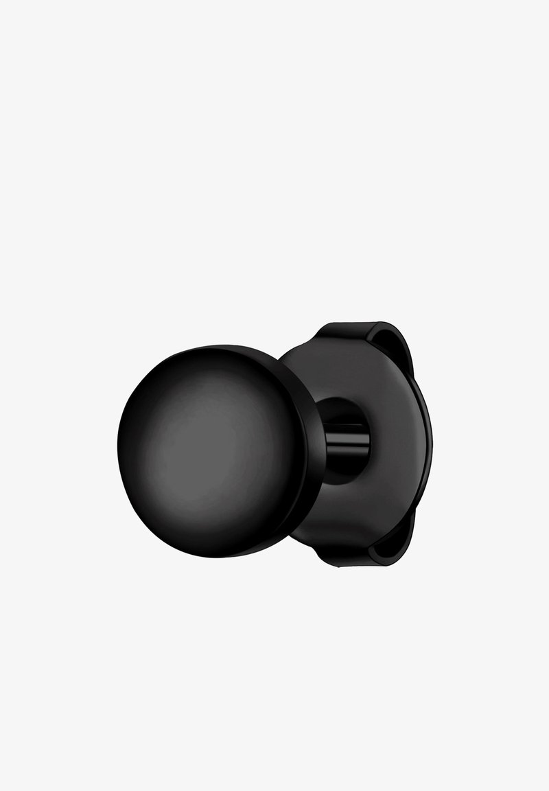 Pomillo de puerta redondo negro con superficie lisa, unido a una base circular. El diseño minimalista enfatiza una estética moderna y elegante.