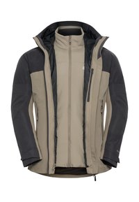 Veste à trois couches en beige clair et gris foncé. Dotée d'une fermeture éclair à l'avant, d'un col montant et de poignets ajustables. Tissu lisse, design moderne.