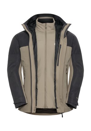 Veste à trois couches en beige clair et gris foncé. Dotée d'une fermeture éclair à l'avant, d'un col montant et de poignets ajustables. Tissu lisse, design moderne.