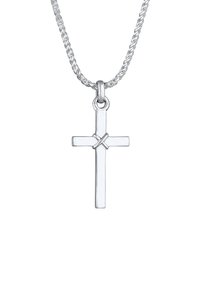 Ciondolo a croce in argento su una collana con catena intrecciata. La croce presenta un design semplice, superficie liscia e un anello prominente per appenderla.