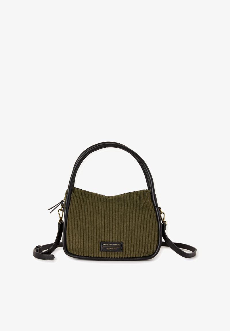 Oliveově zelená kordurová kabelka s černým koženým okrajem, zaobleným úchopem a odnímatelným ramenním popruhem. Přítomné jsou zlaté kovové doplňky.