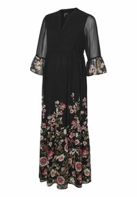 Black maxi dress with a deep V-neckline, long sheer sleeves, and ruffled cuffs. Floral patterns in pink, white, and green at the hem.