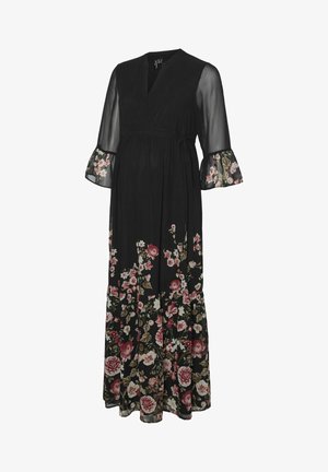 Sort maxikjole med dyb V-udskæring, lange gennemsigtige ærmer og flæsekanter. Blomsterprint i pink, hvid og grøn ved kanten.
