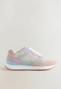 Athletic sneaker with pastel suede panels in pink, blue, and beige. Features white laces, a white midsole, and a textured brown outsole.