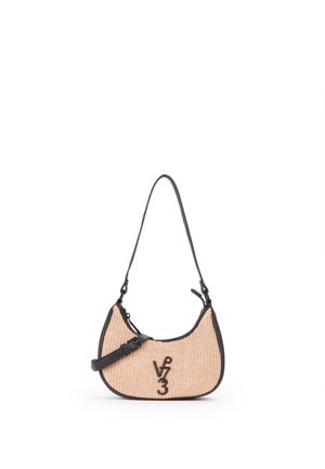 Small beige woven shoulder bag with black leather trim, adjustable strap, and black "V 3" logo on the front.