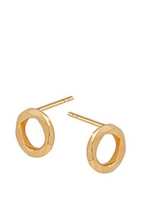 Złote kolczyki w kształcie sztyftów z teksturowanym, nieregularnym okrągłym wzorem i zapięciem na sztyft. Gładkie wykończenie z polerowanymi akcentami.