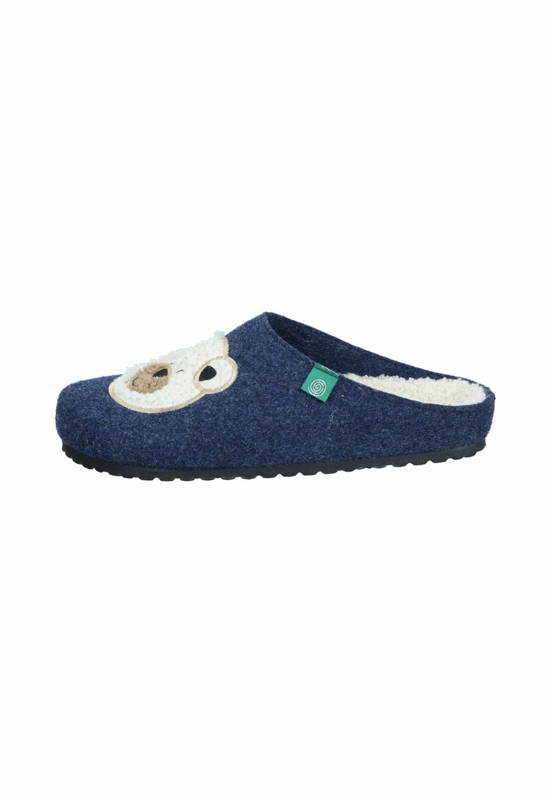 Navy felt slipper with white fur lining, featuring a bear face design. Black rubber sole and green tag on the side.