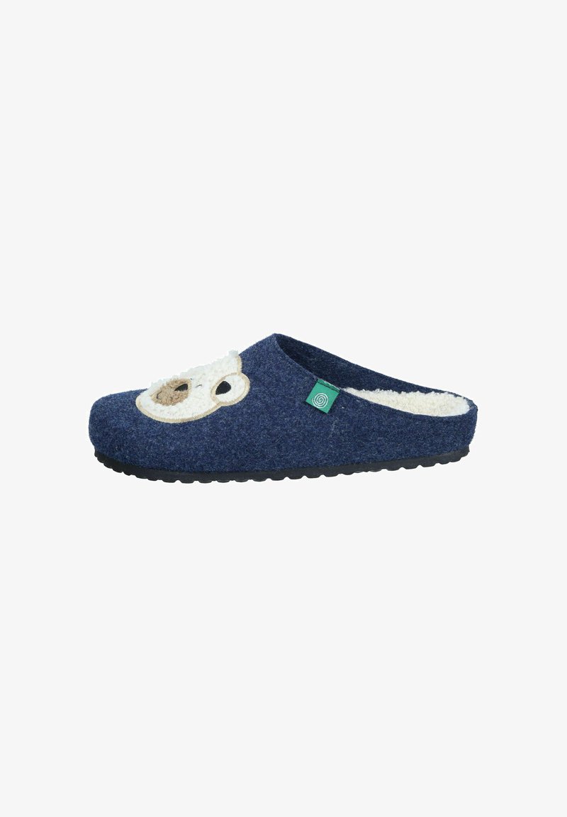 Navy felt slipper with white fur lining, featuring a bear face design. Black rubber sole and green tag on the side.