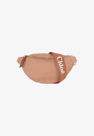 Marsupio in tela rosa con zip dorata, dettaglio in pelle marrone e ampia tracolla con il logo bianco "Chloé". Design arrotondato.