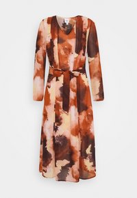 Pitkähihaisessa mekossa on V-pääntie, ja siinä on abstrakti akvarellikuvio lämpimissä oranssin, ruskean ja kerman sävyissä. Mukana myös solmittava vyö.