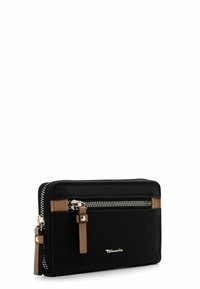 Black fabric wallet with a contrasting brown accent, zippered closure, and metal hardware; features a logo embossed on the front.