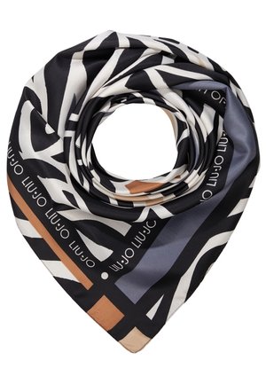 Seidenschal, spiralförmig gerollt, mit schwarzen, weißen, braunen und grauen geometrischen sowie Zebra-Streifenmustern und wiederholtem Liu Jo Logo-Text.