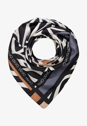 Jedwabny szalik zwinięty w spiralę, z czarno-białymi, brązowymi i szarymi geometrycznymi wzorami oraz wzorami w paski zebry, z powtarzającym się napisem logo Liu Jo.