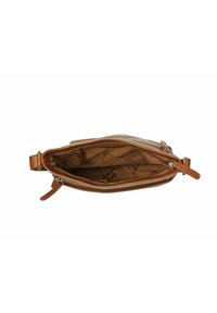 Brown leather handbag with a smooth finish, zip closure, and interior lining. Features a single strap and a spacious compartment.