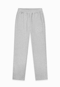 Lichtgrijze sweatpants met elastische tailleband, zijzakken en een subtiele geborduurde logo op de bovenbeen.