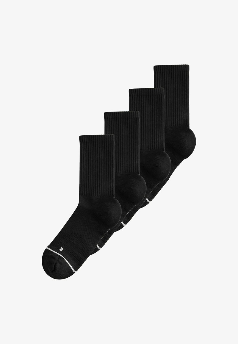 Cinq paires de chaussettes noires mi-mollet avec des bords côtes et des coutures blanches près des orteils, disposées en diagonale sur un fond blanc.