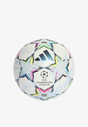 Weißer Adidas UEFA Champions League Fußball mit bunten Sternmustern und offiziellen Spielball-Markierungen.