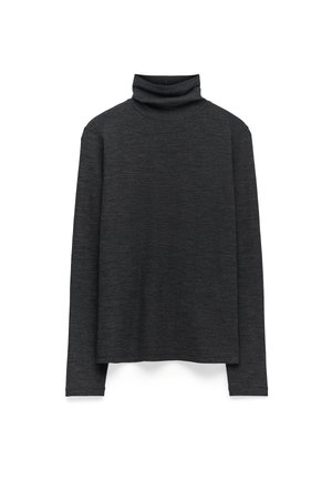 Maglione a collo alto grigio scuro a maniche lunghe realizzato in tessuto morbido. Caratterizzato da una vestibilità comoda con colletto piegato e polsini. Senza motivi né dettagli.