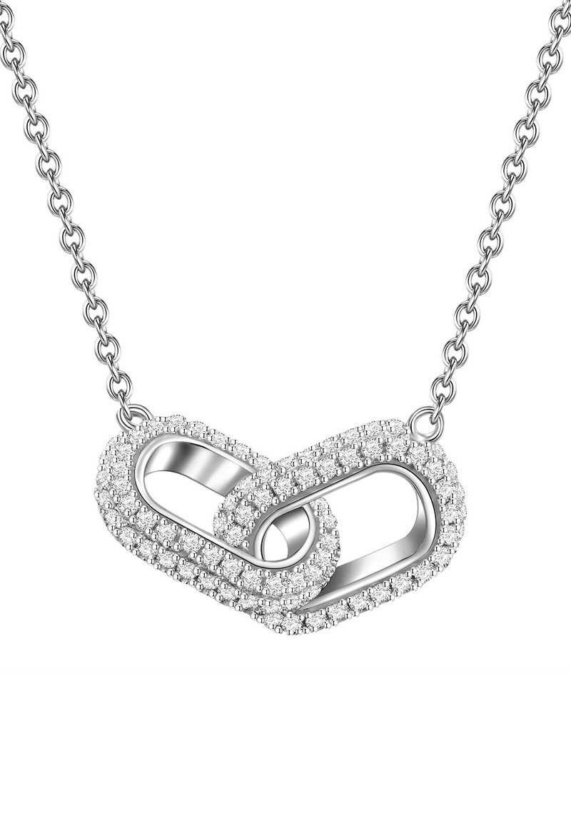 Collier en argent avec un design de nœud infini entrelacé. La surface est embellie de petites cristaux ronds, ajoutant de l'éclat.