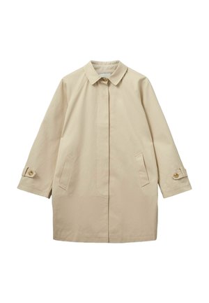 Beige oversized jas met een kraaghals, dubbele knopen, zijzakken en opgerolde mouwen met knoopaccenten. Zachte textuur.