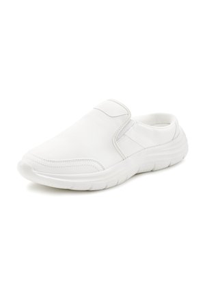 White slip-on shoe featuring smooth synthetic material, a cushioned sole, minimal stitching details, and elastic accents for ease of wear.