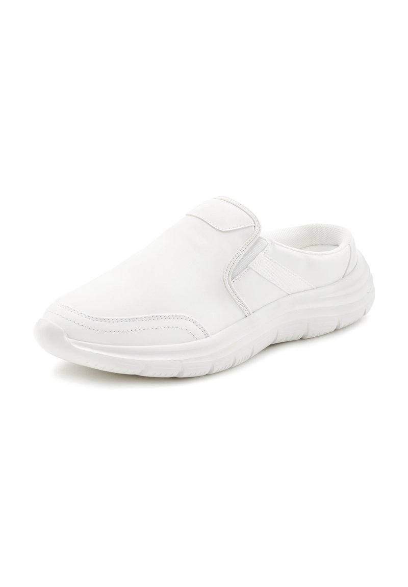 White slip-on shoe featuring smooth synthetic material, a cushioned sole, minimal stitching details, and elastic accents for ease of wear.