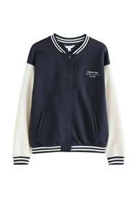 Dunkelblaues College-Baseballjacke mit weißen Ärmeln, geripptem Kragen und Bündchen. Mit Druckknöpfen und seitlichen Taschen. "Chicago Collection" auf der Brust gestickt.