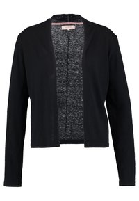 Černý kardigan s dlouhými rukávy, otevřeným předním designem a jemnou, hladkou texturou. Na vnitřní části výstřihu se nachází růžová etiketa.