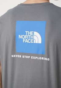 Harmaa puuvillapaita, jossa on sininen suorakulmainen logo, jossa lukee "THE NORTH FACE" ja valkoinen kaari-tyylinen muotoilu, sekä alapuolella teksti "NEVER STOP EXPLORING".
