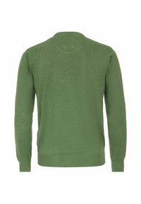 Grüner Pullover, gestrickte Textur, Rundhalsausschnitt, lange Ärmel, gerippte Bündchen und Saum, einfaches Design, keine Muster oder zusätzlichen Akzente.