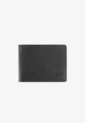 Portafoglio nero in pelle con texture liscia, design bifold, angoli arrotondati e piccolo logo in rilievo sulla parte anteriore.