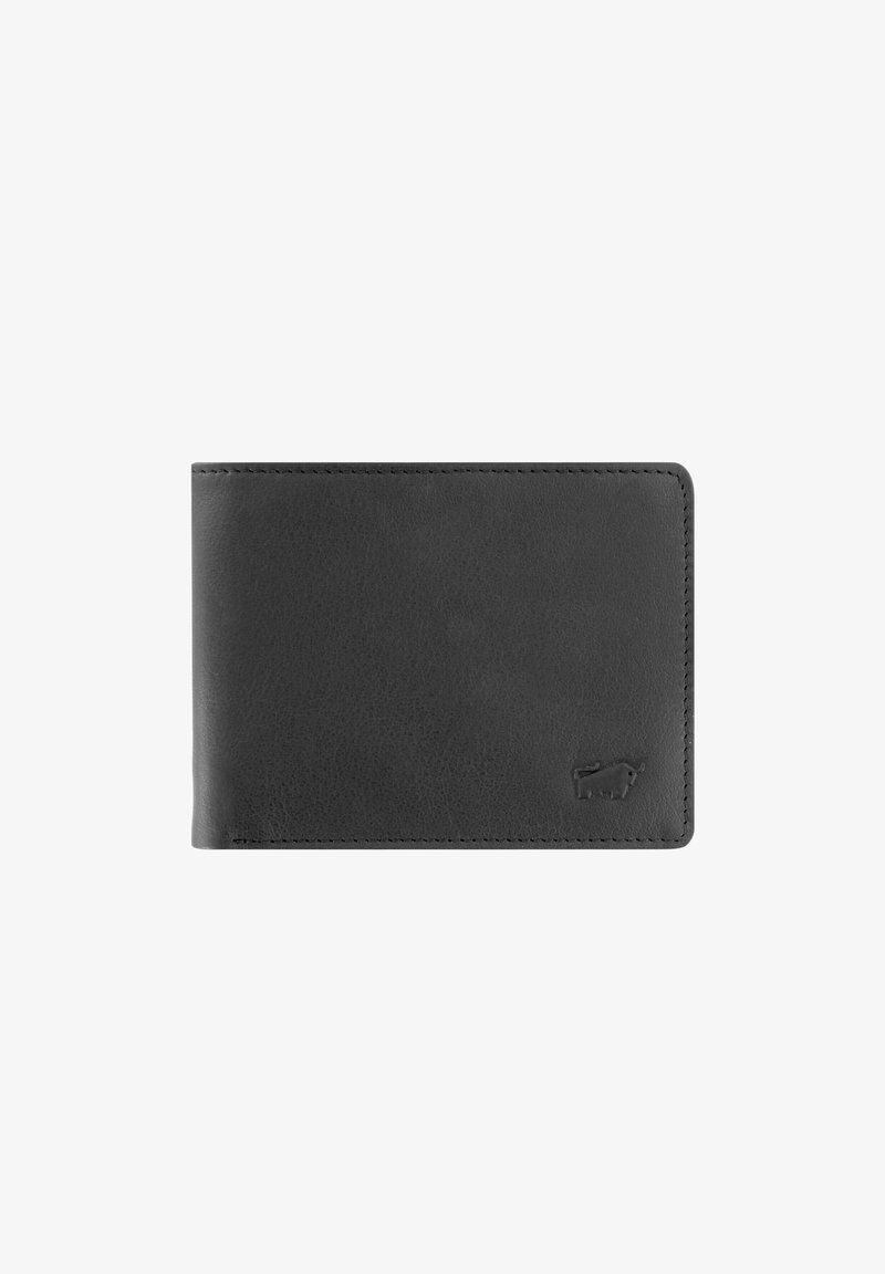 Portafoglio nero in pelle con texture liscia, design bifold, angoli arrotondati e piccolo logo in rilievo sulla parte anteriore.